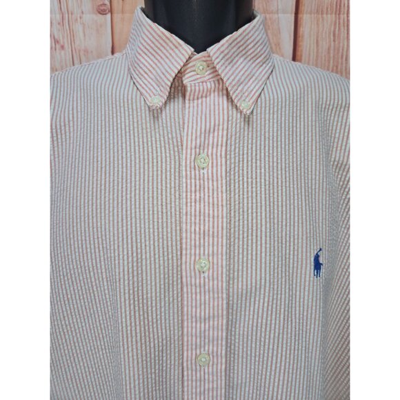 Ralph Lauren Blake Orange Striped Button-Down Seersucker Shirt Mens Large - Picture 3 of 8
